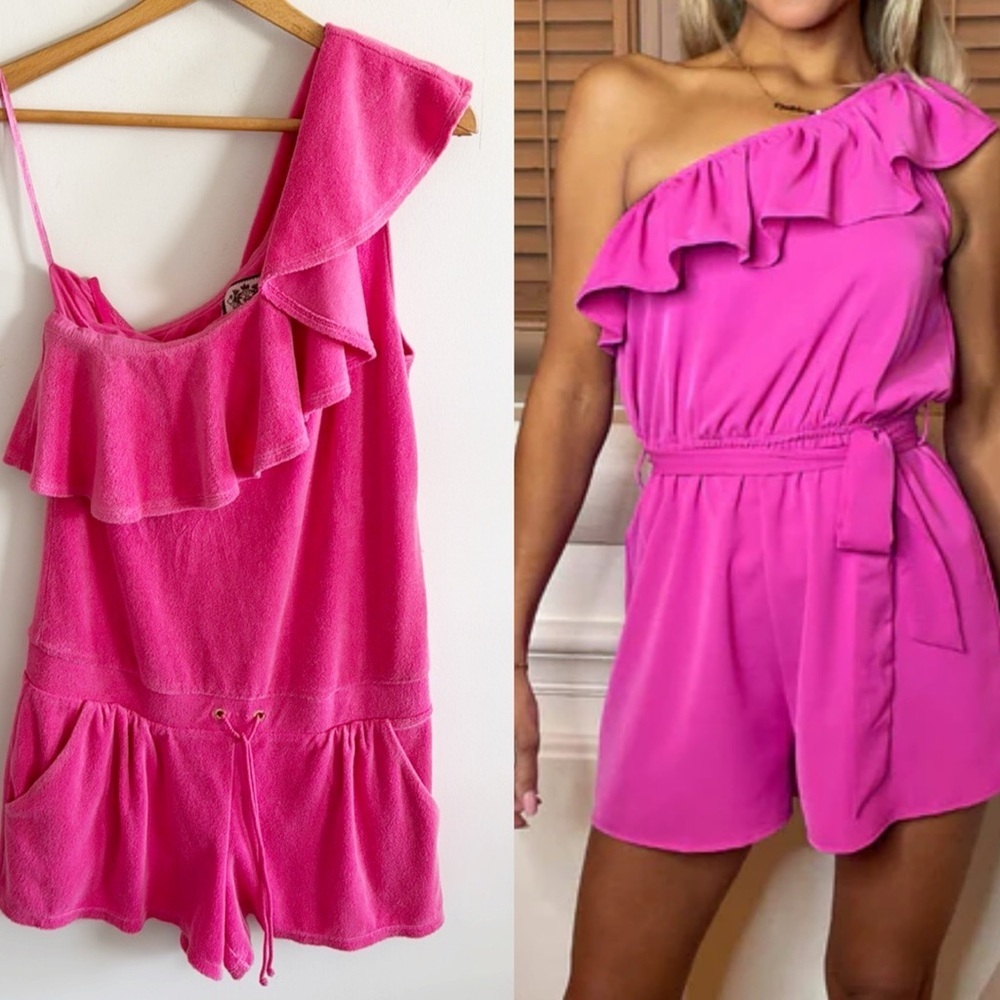 Juicy couture vintage 2010s pink terry cloth ruffled one shoulder romper sz Med